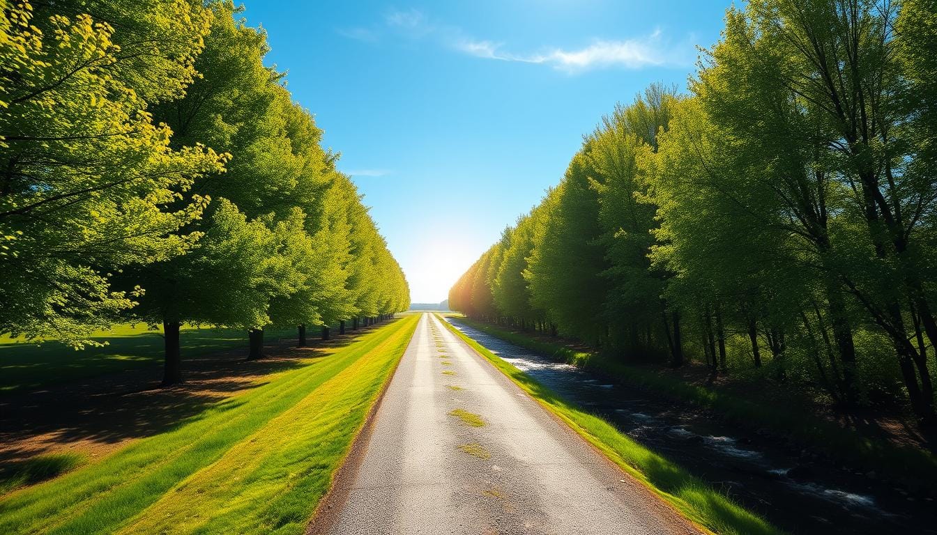 how to get out of debt quickly,Scenic countryside road lined with tall, vibrant green trees on a sunny day. The road is flanked by grass and a shallow stream running alongside it.