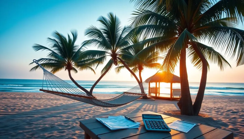 4% rule for retirement Serene beach scene with palm trees, a hammock, and a cozy gazebo by the ocean at sunrise. A wooden table in the foreground holds a calculator, papers, and a pen, capturing a tranquil work-life balance setting by the seaside.