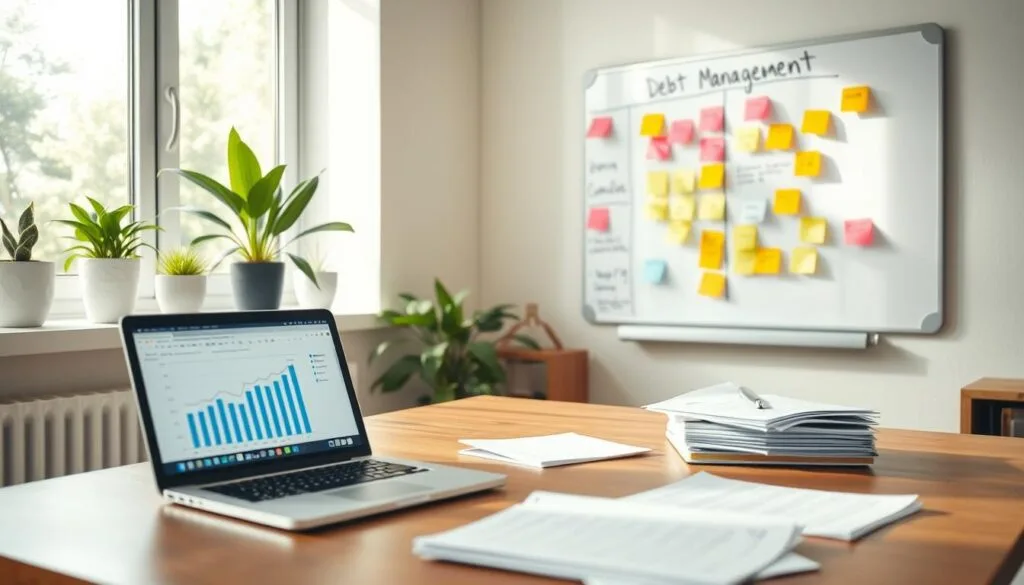 Office desk setup with a laptop displaying a bar chart, a stack of documents, and a whiteboard labeled 'Debt Management plans' covered in colorful sticky notes in the background. Several potted plants are placed by the window, adding greenery to the workspace