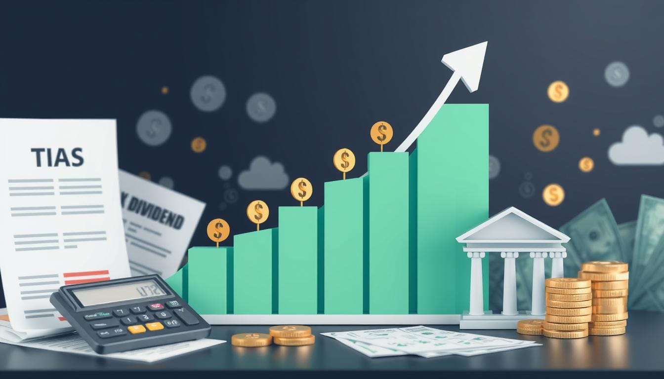 Investing in Dividend Stocks A depicting financial growth and investment returns. A green bar chart with ascending bars and an upward arrow symbolizes profit growth. Dollar coins and banknotes float in the background, while a calculator, stacks of coins, and a bank building represent investment tools and financial management.