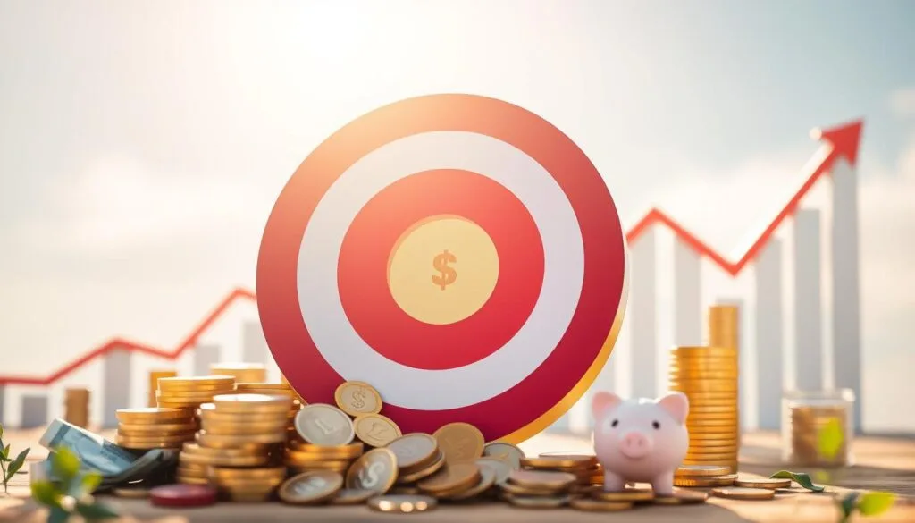 A financial goal represented by a bullseye target with a dollar sign, surrounded by stacks of coins and a piggy bank, symbolizing saving and investing strategies for financial independence by age 40