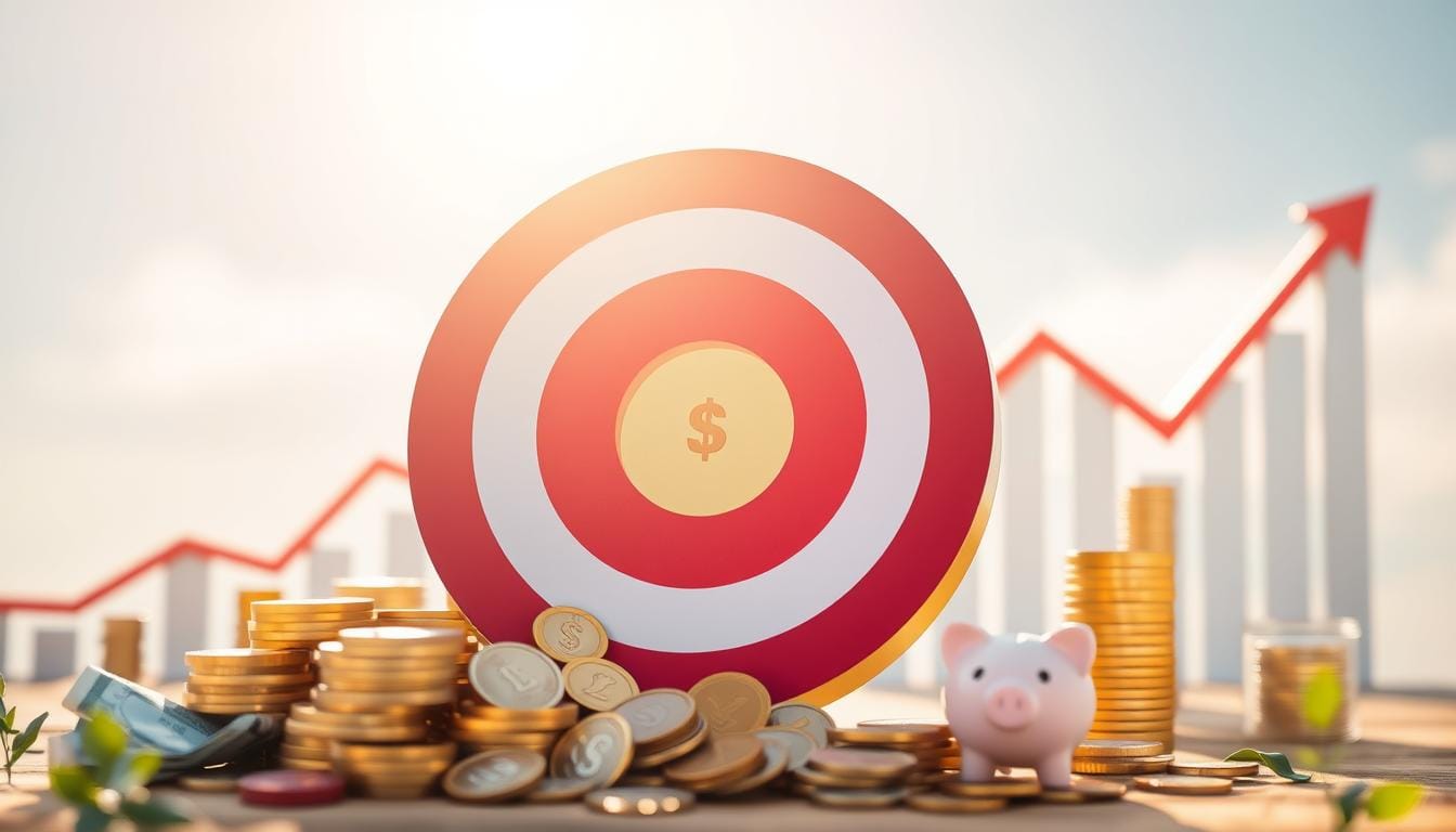 A financial goal represented by a bullseye target with a dollar sign, surrounded by stacks of coins and a piggy bank, symbolizing saving and investing strategies for financial independence by age 40