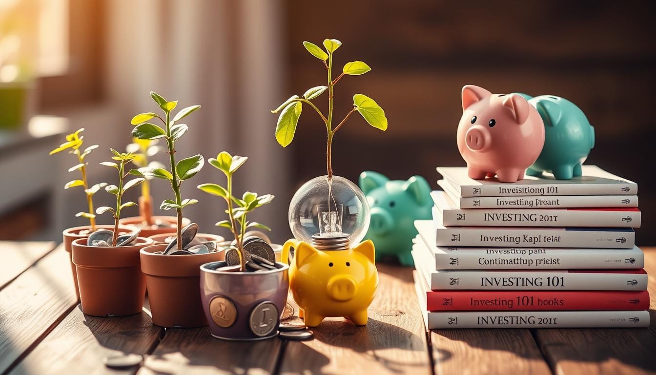 Small potted plants and piggy banks representing growth from investing little money, with stacks of books on investing in the background