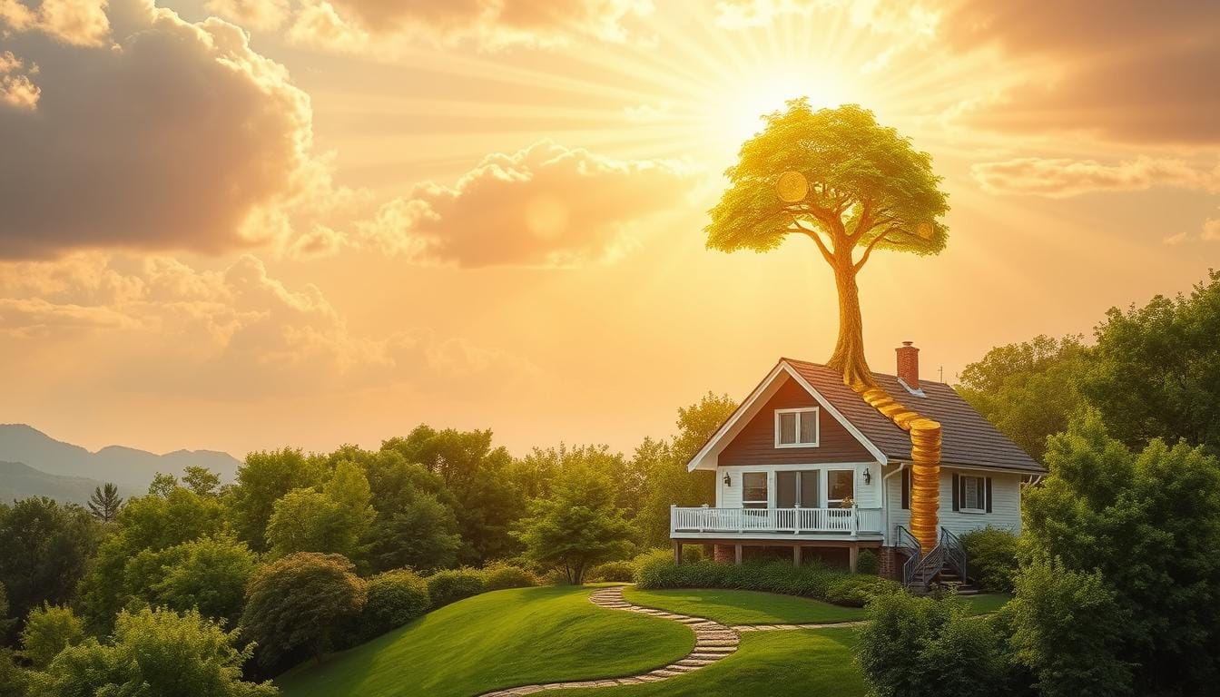 Dream home surrounded by nature, symbolizing financial independence with a tree of growth rooted in stability. A pathway leads to a peaceful home, representing the journey toward achieving Passive Income for Financial Independence.