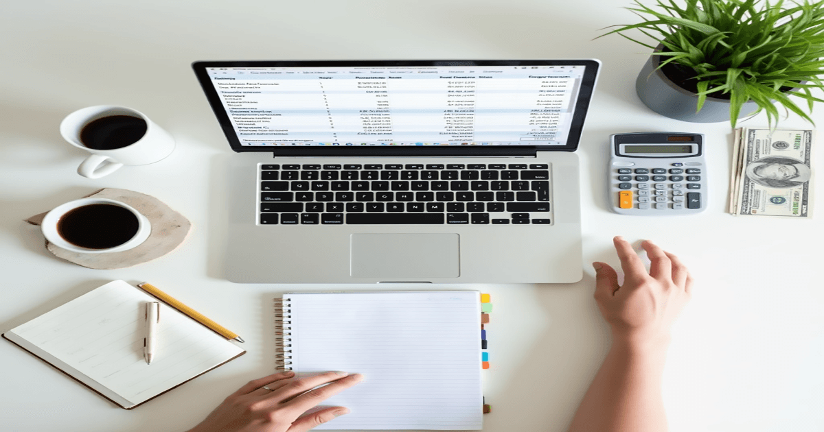 Organized workspace with an open laptop displaying spreadsheets, a calculator, a cup of coffee, a notepad, pen, plant, and stack of dollar bills