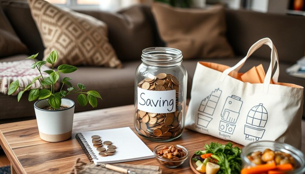 Best Money-Saving setup with a jar filled with coins labeled 'Saving,' a notepad with stacked coins, a plant, and a bag with reusable containers, symbolizing effective budgeting and eco-friendly financial habits.