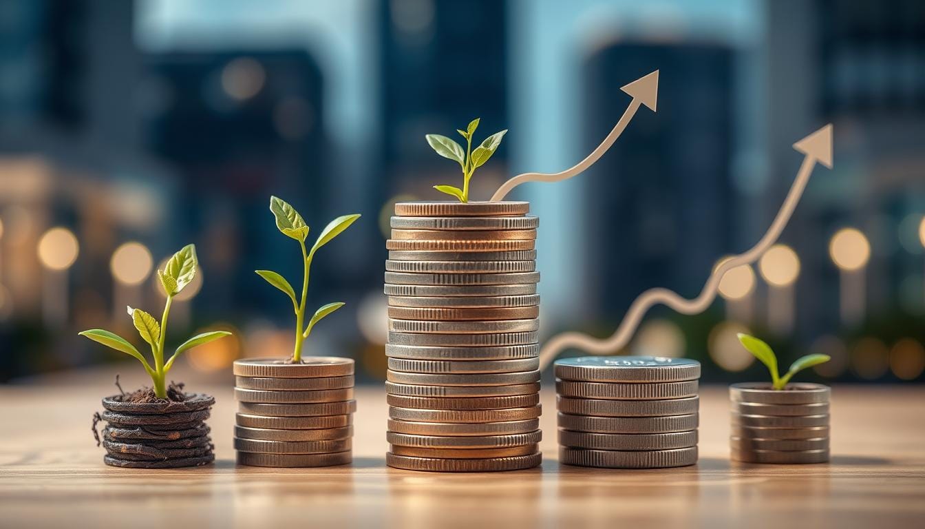 Investing with $100 Image of small green plants growing from stacks of coins, symbolizing the potential growth of investments over time.