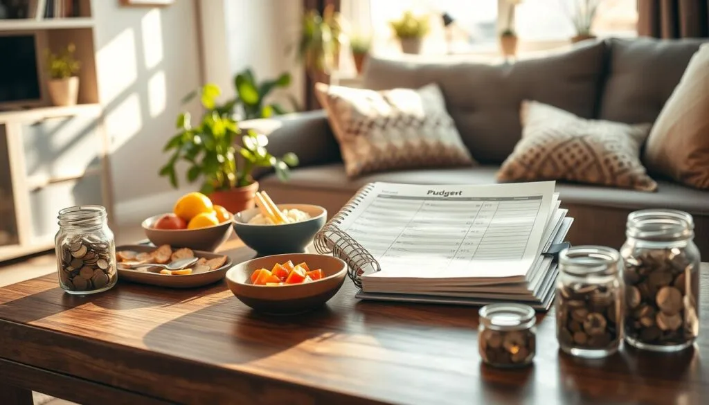 Organized budgeting and saving setup with a focus on Achieve Financial Independence featuring jars of coins, healthy snacks, and a detailed budget planner on a wooden table.