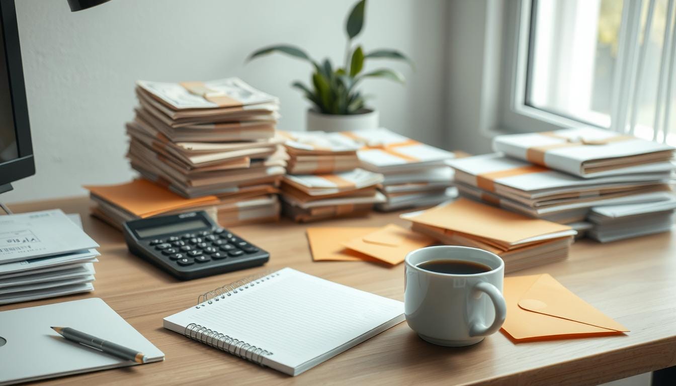 Desk with stacks of envelopes, a calculator, notebook, and coffee cup, representing budgeting tips for beginners