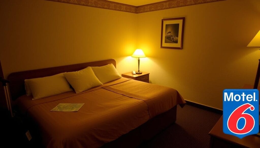 Budget Inn U.S cozy motel room with a comfortable bed, simple decor, and warm lighting, surrounded by travel essentials like a suitcase and a map, showcasing a welcoming atmosphere for budget travelers, with the Motel 6 logo subtly incorporated in the background.