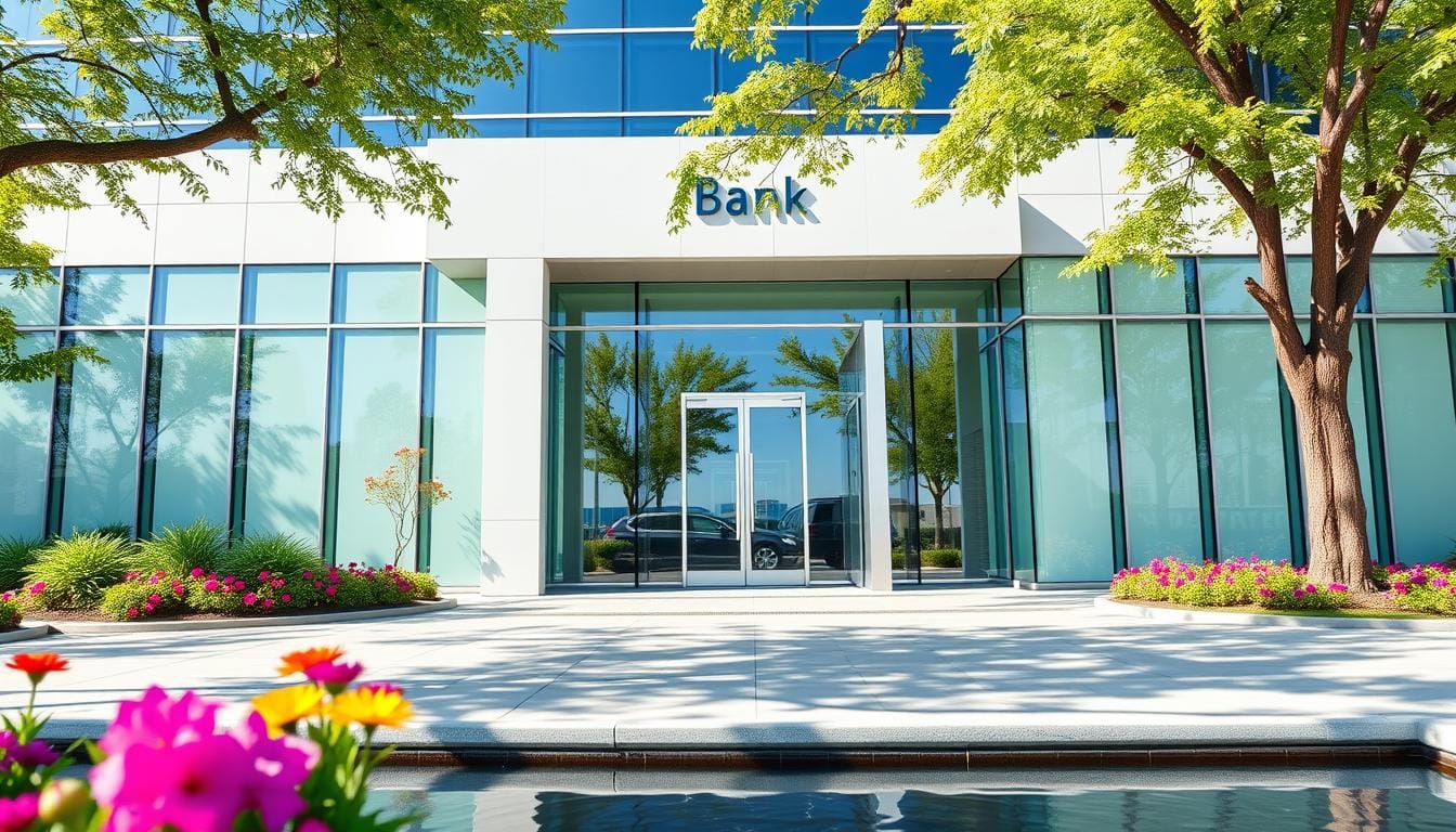 Bangor Savings Bank's and modern bank building featuring large glass windows, surrounded by lush greenery and vibrant flowers, reflecting a clear blue sky. The entrance is inviting with sleek architecture, and a subtle water feature in the foreground. A sense of stability and trust emanates from the structure, capturing the essence of a reliable financial institution in a peaceful urban setting.