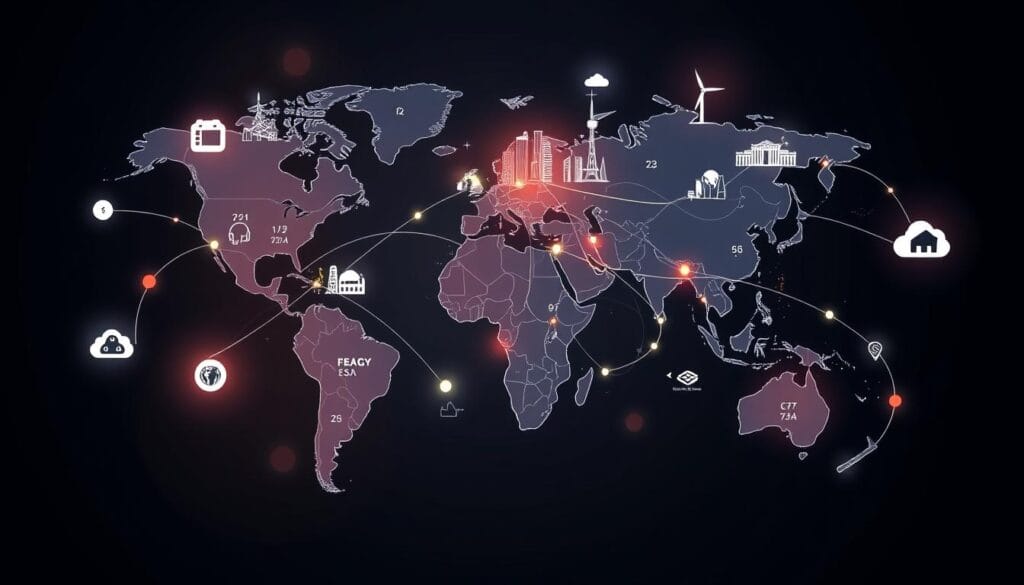 China Investment Corporation world map with interconnected lines representing global investments, featuring symbols of various industries like technology, real estate, and energy, surrounded by iconic landmarks from major cities, blending a modern and global aesthetic with vibrant colors to signify economic growth and collaboration.