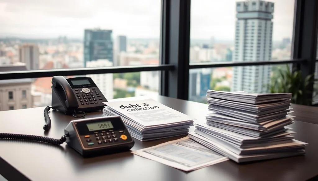 Unifin debt collector modern office setting with a sleek desk, a ringing phone, and a stack of paperwork labeled "debt collection." The background features a large window with a cityscape view, showing a blend of urban buildings and greenery. Soft lighting creates a calm atmosphere, while subtle hints of financial documents like invoices and ledgers are scattered around, emphasizing the theme of debt management and collection.