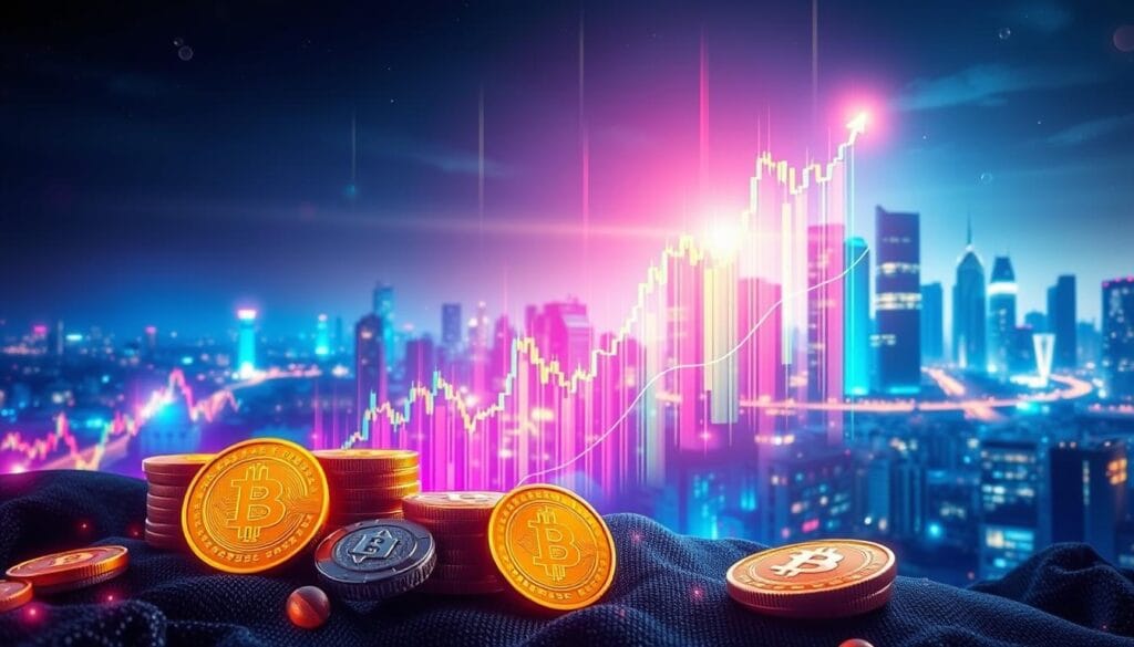 A futuristic digital landscape depicting vibrant cryptocurrency market trends, with colorful candlestick charts and dynamic line graphs soaring upward, surrounded by holographic coins representing various cryptocurrencies. The background features a stylized city skyline illuminated by neon lights, symbolizing innovation and technological advancement in finance.