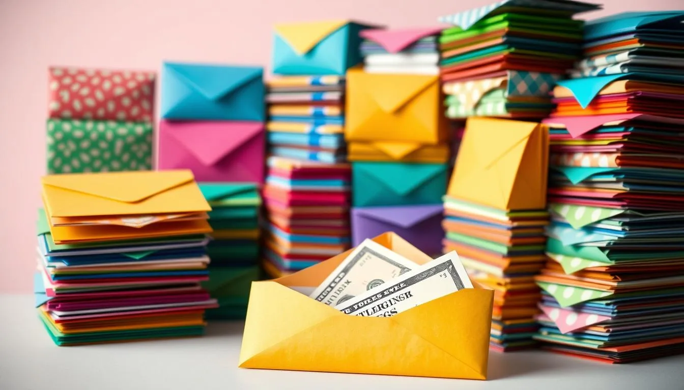 100 Envelope Saving Challenge vibrant and visually appealing collection of 100 colorful envelopes stacked in a creative arrangement, set against a soft gradient background. Each envelope is uniquely designed with various patterns and colors, showcasing a sense of organization and savings. In the foreground, a few envelopes are slightly open, revealing crisp bills peeking out, symbolizing money-saving potential. The overall composition should evoke a sense of motivation and excitement for financial goals.