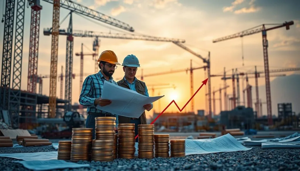 Construction Management Salary detailed scene of a construction site with a diverse group of construction managers analyzing blueprints, surrounded by cranes and building materials, showcasing a bustling environment. Include visual elements symbolizing salary growth, like ascending graphs integrated into the landscape and stacks of coins subtly placed in the foreground. The sun sets in the background, casting warm light over the scene, emphasizing a sense of opportunity and development in the construction industry.