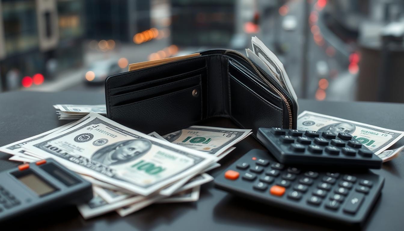 Inflation Impact Emergency Savings stark, empty wallet lying on a table, surrounded by overdue bills and a calculator, with a blurred background of a bustling city, emphasizing financial stress and uncertainty.