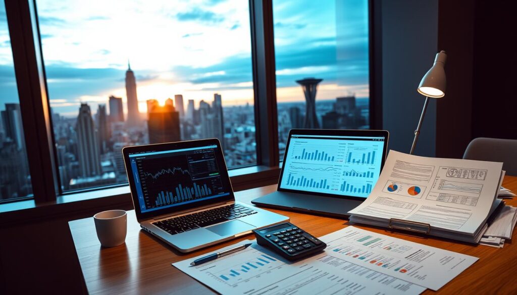 Big Law Investor How to Budget sleek, modern office desk organized with financial documents, a laptop displaying spreadsheets, a calculator, and a coffee cup; a window view of a city skyline at sunset; soft lighting creating an atmosphere of productivity and ambition.