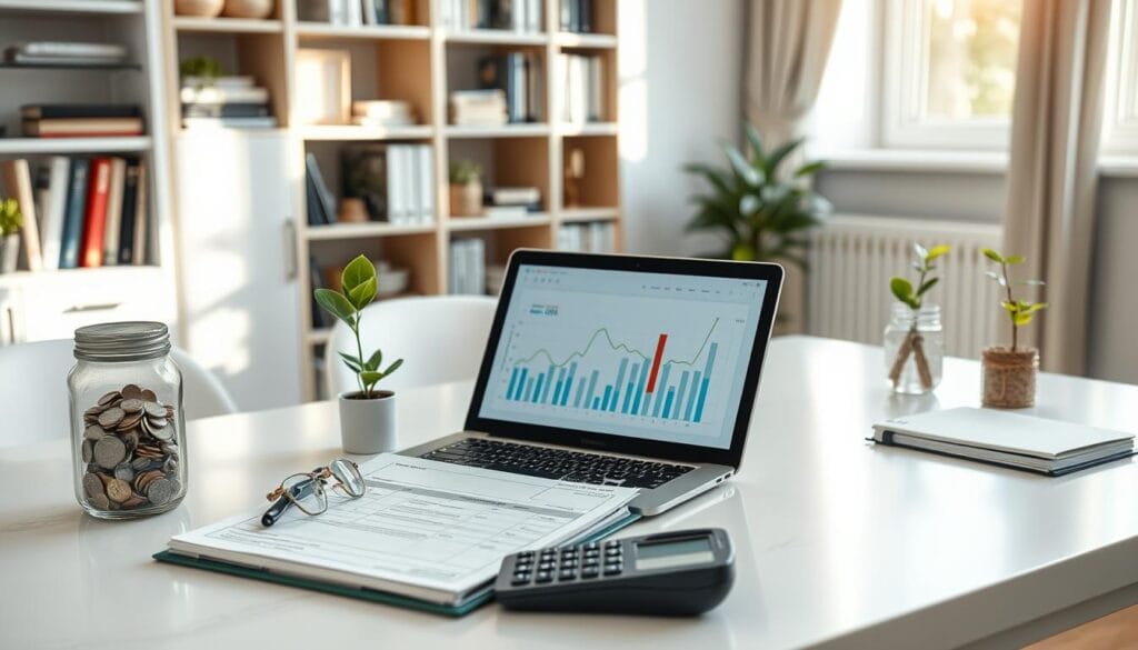 Salary Saving Schemes serene office space with an elegant desk, featuring a neatly organized financial planner, a calculator, and a small potted plant, alongside a laptop displaying investment graphs and charts. In the background, there are subtle hints of savings jars filled with coins and plants symbolizing growth, a bookshelf filled with finance books, and a window with natural light streaming in, creating a productive atmosphere.