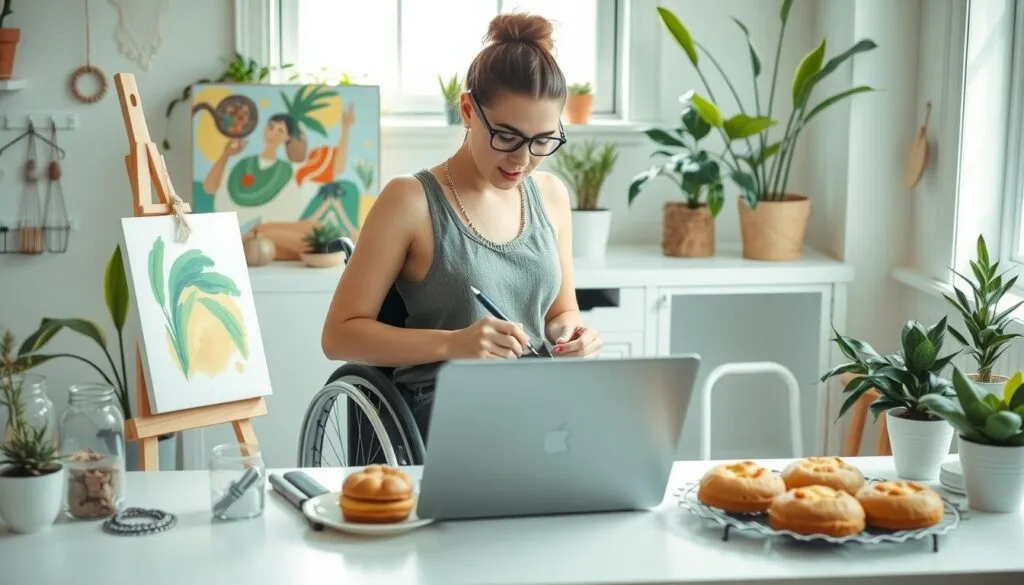 Get Out of Debt While on Disability serene workspace featuring a person with a disability engaged in various income-generating activities, including crafting handmade jewelry, painting on canvas, working on a laptop for freelance tasks, and displaying homemade baked goods on a table, all set against a bright, inspiring environment with plants and natural light.