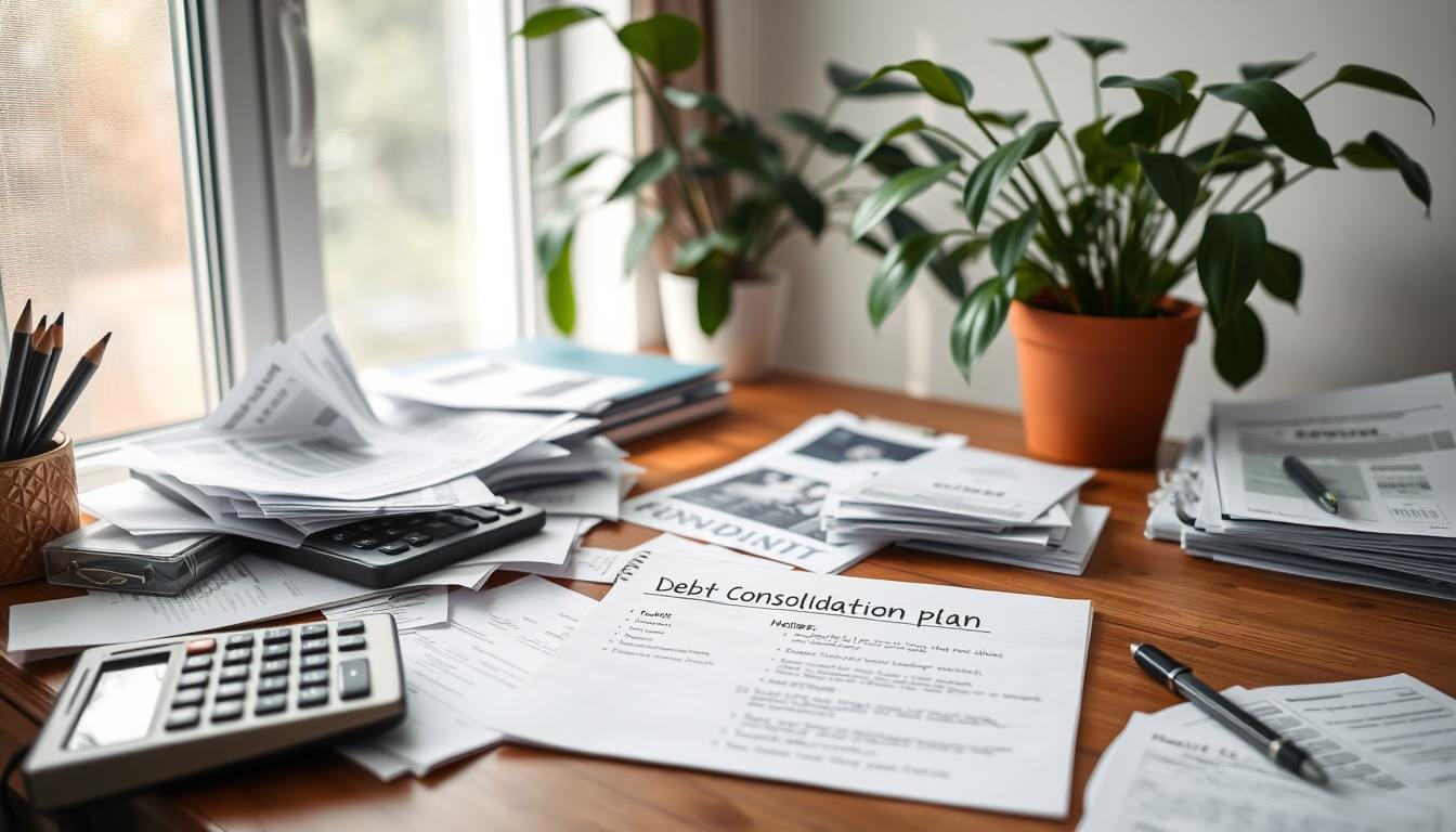 A serene office space with a desk cluttered with various bills and financial statements, a calculator and a notepad with a debt consolidation plan outlined, surrounded by a calming indoor plant, soft natural light filtering through a window, symbolizing hope and clarity in financial management.