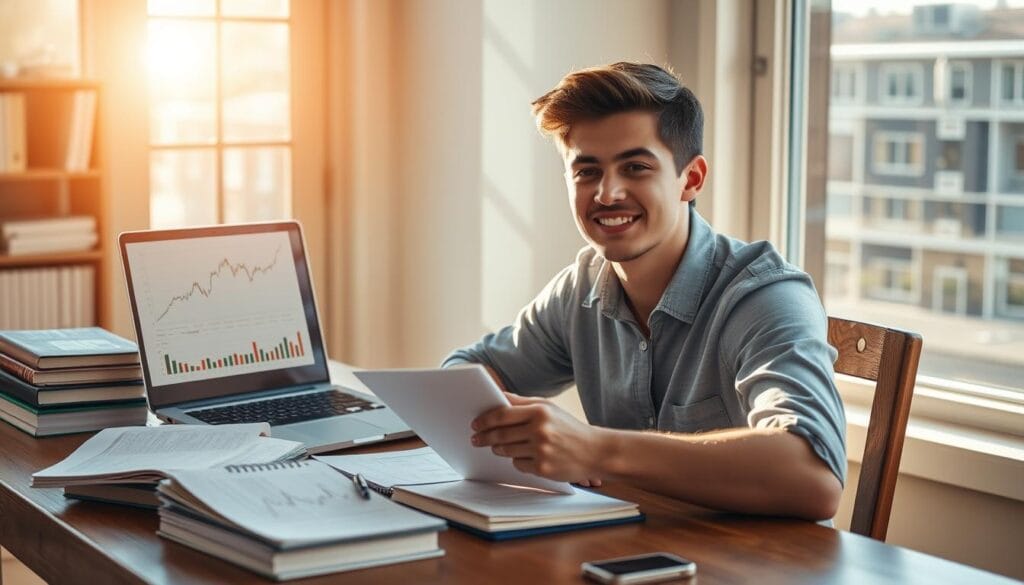 A young adult sitting at a wooden desk, surrounded by financial books and a laptop displaying stock market charts, with a notepad filled with investment plans, bright sunlight streaming through a window, creating an atmosphere of ambition and Investing in your 20s.