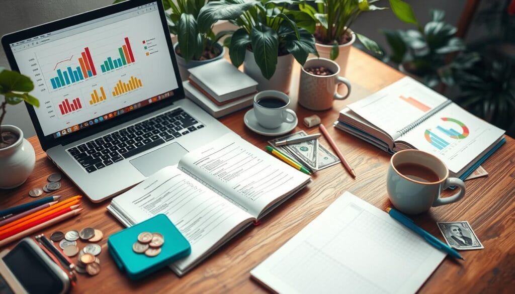 Thruster Finance A visually appealing workspace featuring a wooden desk cluttered with colorful stationery, open budgeting notebooks, and a laptop displaying financial graphs; scattered coins and dollar bills alongside a cup of coffee; plants in the background creating a calming atmosphere, soft natural light illuminating the scene.