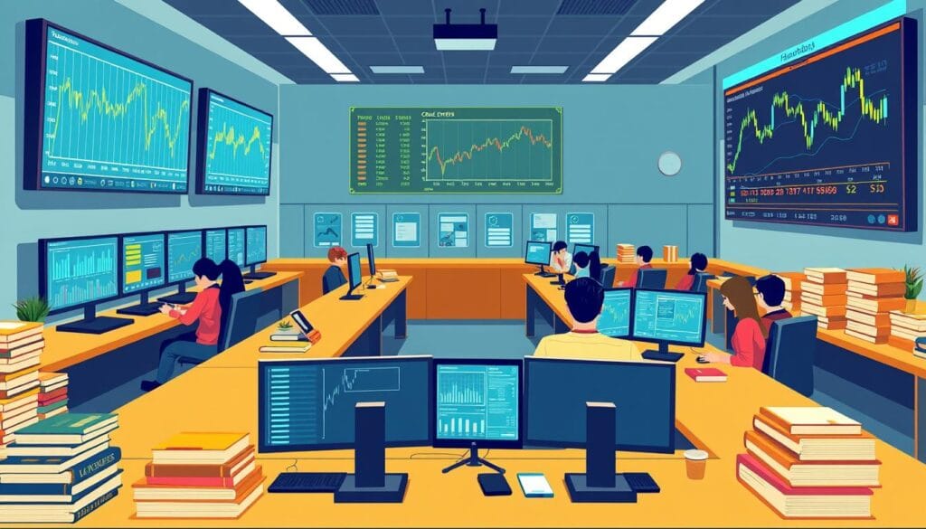 A vibrant illustration of a modern financial classroom featuring students engaged with Bloomberg terminals, surrounded by charts and graphs on screens, stacks of financial books, and a large digital display showing stock market trends, set in a sleek, high-tech environment Bloomberg Finance Fundamentals Baruch.