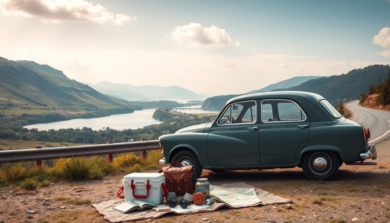 Savings Road Trip picturesque scene of a vintage car parked by a scenic highway, surrounded by rolling hills and lush greenery, with a picnic setup nearby featuring a cooler, maps, and travel gear, showcasing a sense of adventure and budget-friendly travel.