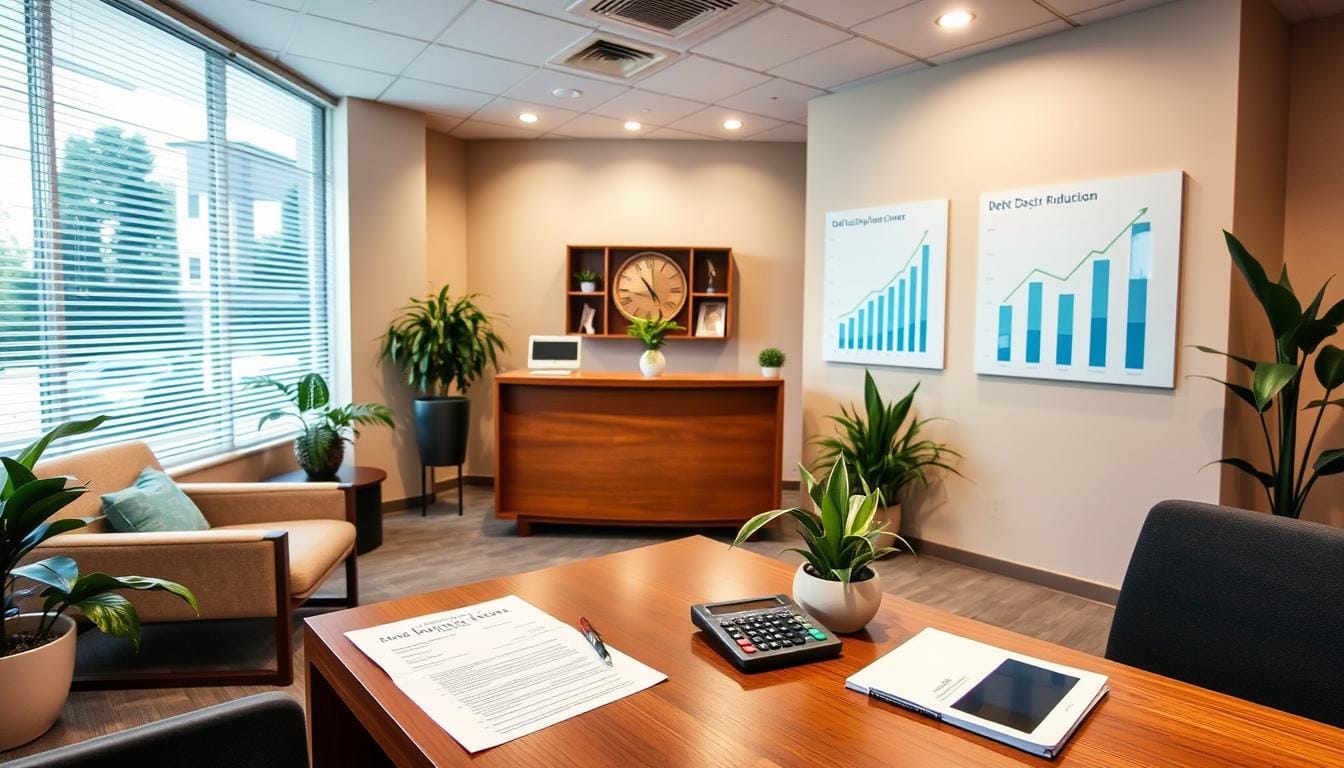 Professional office space for World Finance near me, with a welcoming interior design, comfortable seating, green plants, and charts showcasing financial progress.