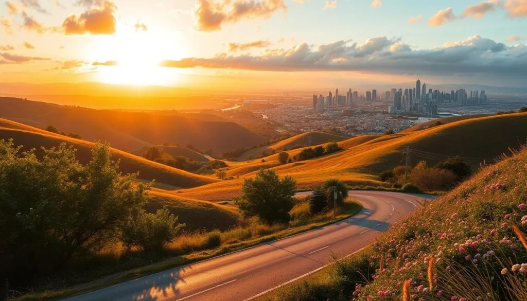 A serene landscape featuring a golden sunrise over rolling hills, symbolizing new beginnings and opportunities; in the foreground, a winding road leading to a prosperous city skyline with thriving businesses; lush green trees and blooming flowers around the path, representing growth and vitality; soft clouds in the sky gathering light, creating an atmosphere of hope and financial success White Oak Commercial Finance.