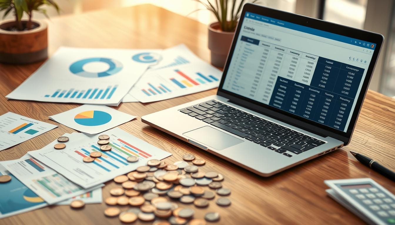 World Finance Payments : A laptop displaying financial spreadsheets and analytics, surrounded by documents with graphs and charts, coins scattered across the desk, and a calculator, representing the global finance and payments landscape.