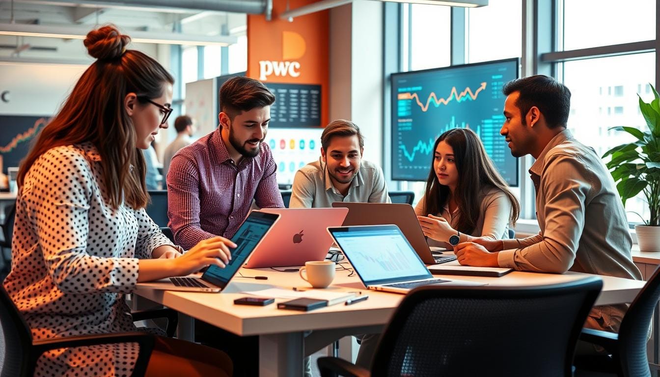 Young professionals collaborating in a modern office setting at PwC, discussing financial strategies for the PwC 2025 Summer Finance Internship with laptops and charts in the background