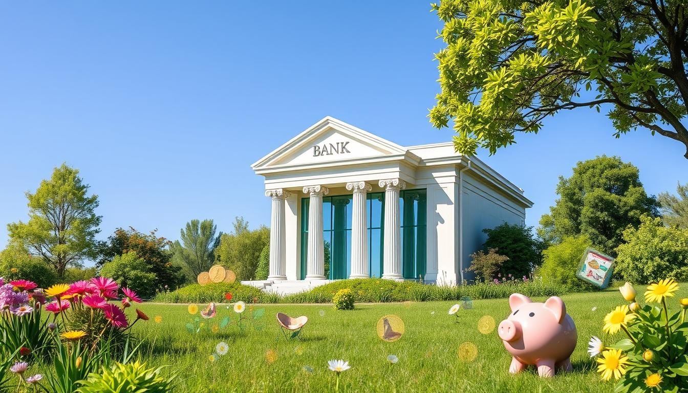 US Bank Summer 2025 Financial - A scenic summer landscape with a classic bank building surrounded by lush green grass, colorful flowers, and a pink piggy bank in the foreground, symbolizing financial growth and stability.