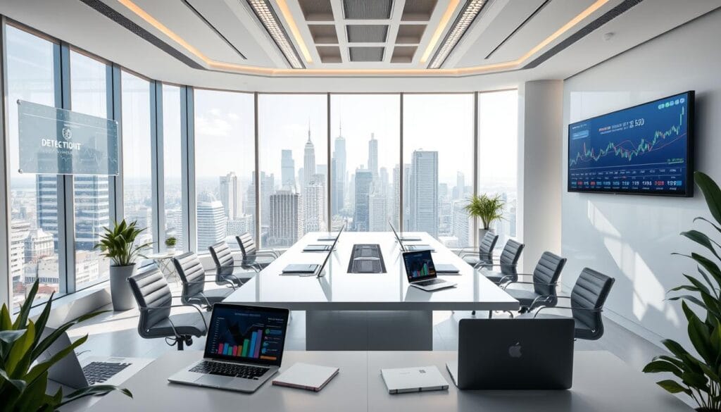 Ameriprise Financial Internship conference room setup with a city skyline view, laptops on the table, and financial charts displayed on a large screen