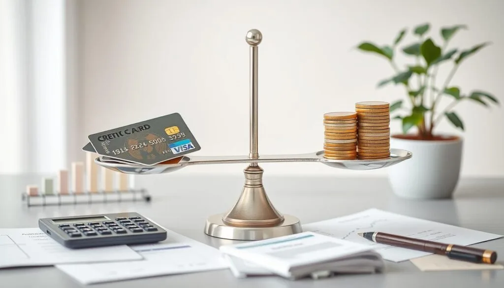 Credit card delinquency rates Rise visual representation , featuring a balancing scale with credit cards on one side and a stack of coins on the other, surrounded by graphs showing rising and falling statistics, a calculator and financial documents in the foreground, and a serene desk space with a plant in the background, all in a soft color palette to convey calmness amidst financial stress.