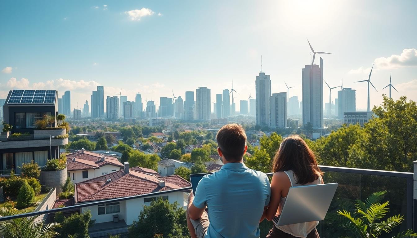 Millennials and Gen Z serene landscape depicting a thriving urban environment, with modern homes and green spaces, symbolizing financial stability. In the foreground, a young couple sitting on a balcony with laptops, overlooking their vibrant city. In the background, skyscrapers are adorned with solar panels and wind turbines, representing sustainability. A clear sky above, with sunlight illuminating the scene, conveying a sense of hope and prosperity.