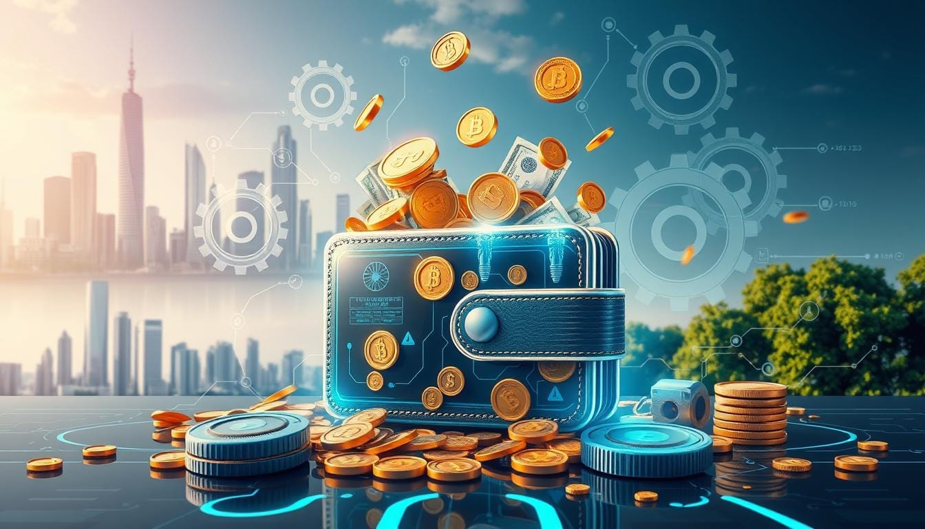 Automating Savings futuristic digital wallet overflowing with coins and bills, surrounded by gears and circuit patterns symbolizing automation, with a serene background of a modern city skyline and lush greenery, conveying the concept of seamless savings technology.