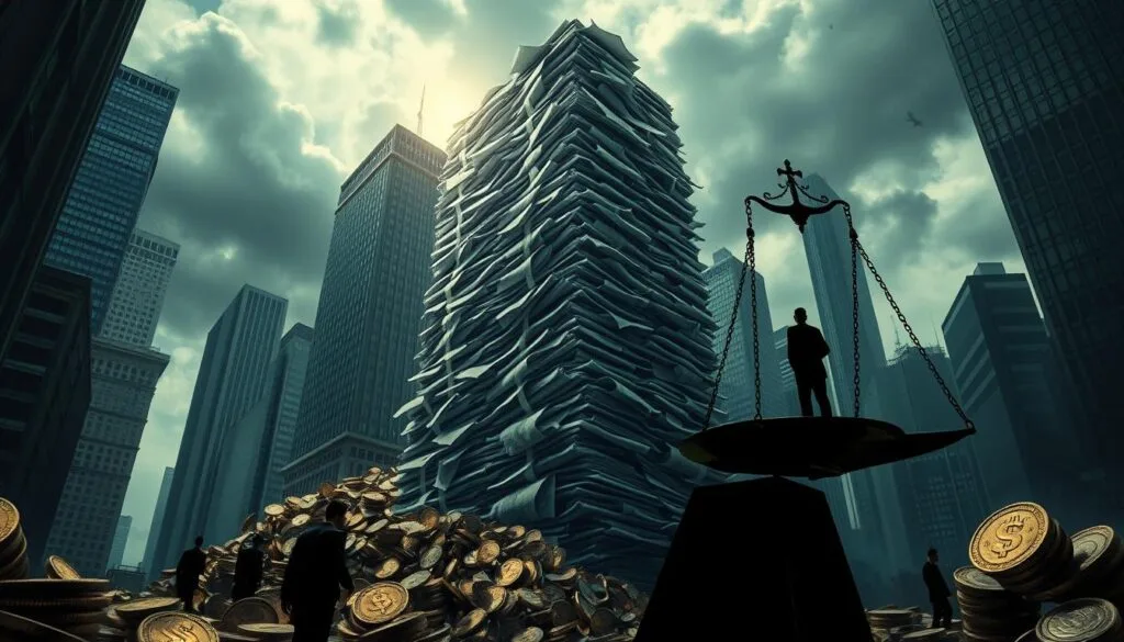 Rising Debt 2024 towering stack of crumpled bills and documents reaching into a cloudy sky, surrounded by a chaotic urban landscape of skyscrapers, shadowy figures in business attire navigating through dark alleys filled with oversized coins, an ominous scale tipping under the weight of debt, contrasting light illuminating the scene with a sense of urgency and tension.