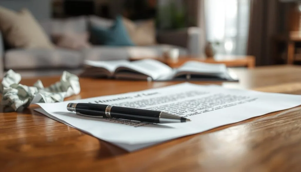 A close-up of a handwritten Financial Hardship Letter on a wooden desk, surrounded by crumpled bills and a pen, soft natural light illuminating the paper, with a blurred background of a cozy living room setting.