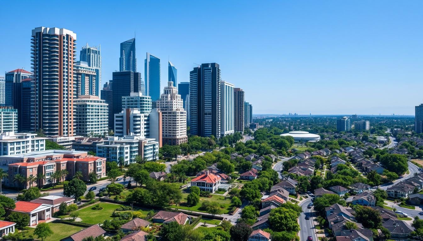 A vibrant city skyline with modern skyscrapers, showcasing various Pedro Vaz Paulo Real Estate Investment properties such as luxury apartments, commercial buildings, and suburban homes, surrounded by lush greenery and clear blue skies, emphasizing opportunities for investment and growth in the real estate market.