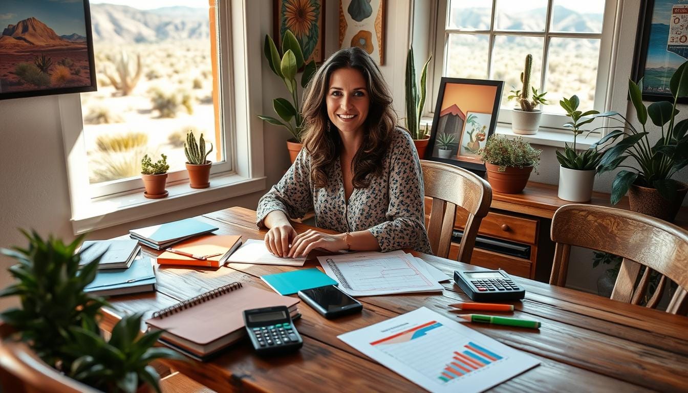 A serene scene of a Nevada Woman Financial Struggles sitting at a rustic wooden table in a sunlit room, surrounded by colorful budgeting tools like notebooks, calculators, and charts, with a backdrop of desert scenery through the window. The atmosphere conveys focus and determination, with plants and vibrant artwork adding warmth and inspiration to her budgeting process.