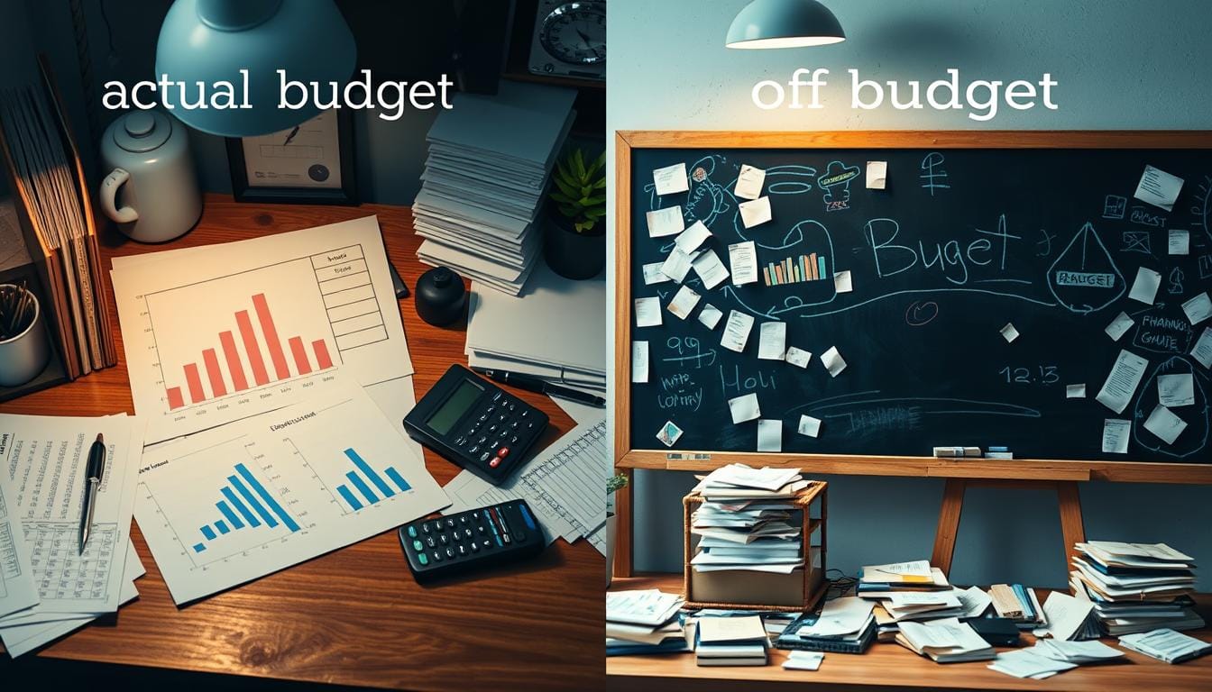 actual budget change to off budget A split-screen image depicting two contrasting financial scenarios: on one side, a detailed, organized desk with charts, spreadsheets, and a calculator representing the "actual budget" concept; on the other side, a chaotic workspace filled with cluttered papers, receipts, and a chalkboard covered in scribbles representing the "off-budget" concept. The lighting should emphasize the neatness of the actual budget side and the disarray of the off-budget side.