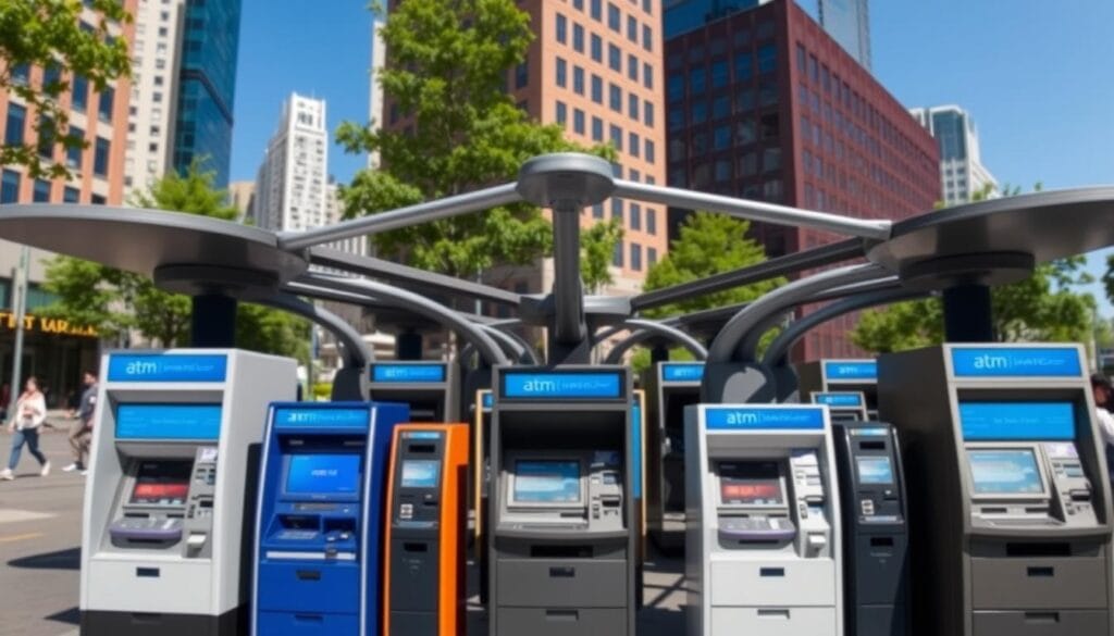 Blaze Credit Union Money Transfer Requirements. A network of interconnected ATMs displayed in a modern urban setting, showcasing various designs and colors, with sleek digital screens and illuminated interfaces, surrounded by city buildings, trees, and pedestrians, all under a clear blue sky.