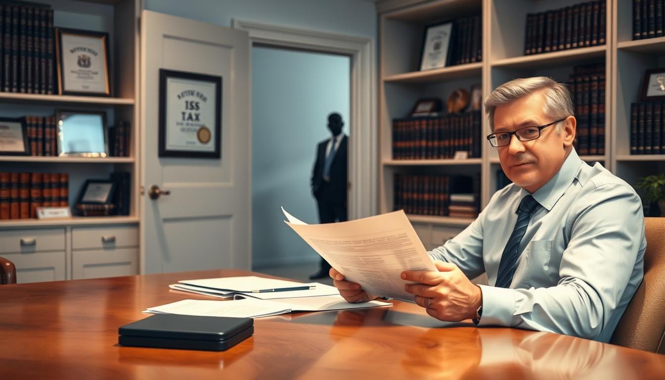 Tax Debt Attorney serene office setting with a confident attorney sitting at a desk, reviewing tax documents. In the background, an open door reveals a shadowy figure representing the IRS. Soft lighting highlights shelves filled with legal books and framed awards, symbolizing expertise and trust. A calm atmosphere suggests resolution and peace of mind.