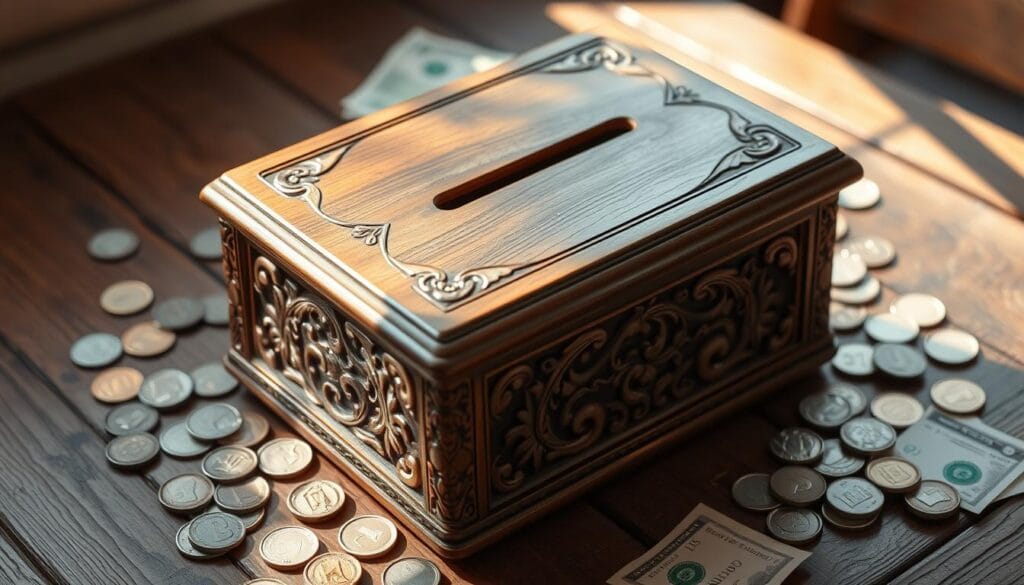 A beautifully designed money saving box, crafted from wood with intricate carvings, featuring a classic slot on top for inserting coins. Surrounded by scattered coins and notes, placed on a rustic wooden table, soft natural light casting gentle shadows, with a cozy and inviting atmosphere.