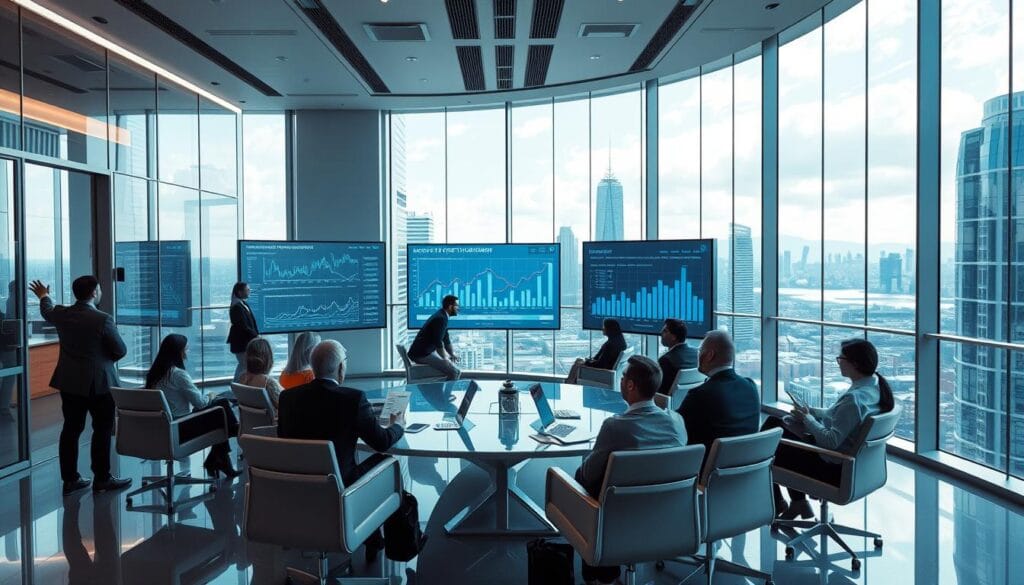 A futuristic Corporate Debt Restructuring office with glass walls, sleek furniture, and digital screens displaying flowing financial graphs and restructuring plans, surrounded by a diverse group of business professionals collaborating, vibrant cityscape visible through the windows, a sense of innovation and strategic planning in the air.