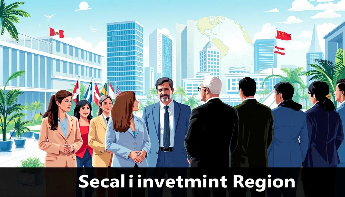 A vibrant scene depicting diverse business leaders from various countries collaborating in a dynamic Special Investment Region, surrounded by modern architecture, green spaces, and technological advancements, with flags representing different nations subtly blended into the environment, emphasizing global partnership and economic growth.