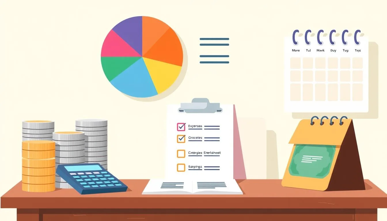 A visually engaging illustration of essential Basic Budgeting Vocabulary elements, featuring a colorful pie chart representing expenses, stacks of coins symbolizing savings, a checklist with categories like rent, groceries, and entertainment, a calculator on a wooden desk, and a calendar indicating monthly budgeting cycles, all set against a soft, inviting background that evokes financial organization and clarity.