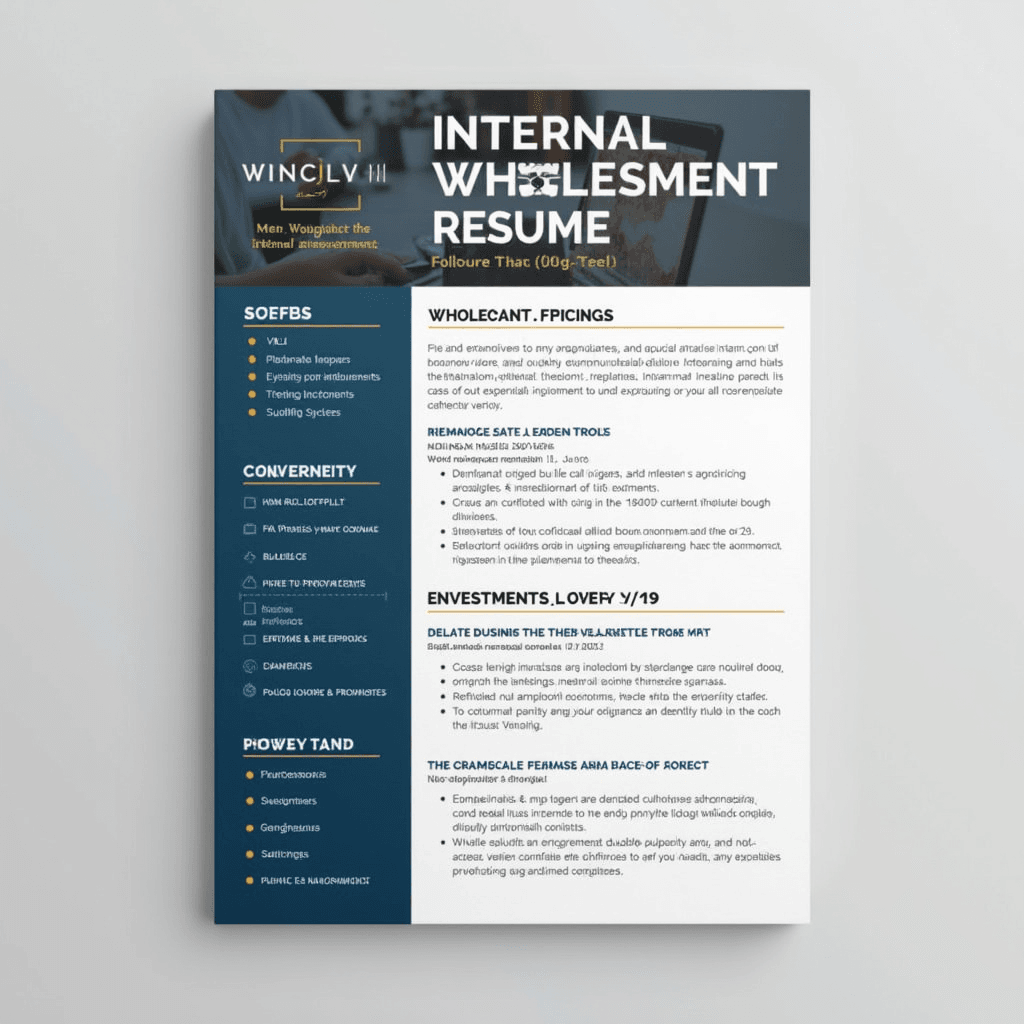 A visually striking and professional Internal Wholesaler Investment Résumé, featuring sleek modern design elements and a balanced layout. Include sections for contact information, professional summary, key skills, experience, and education. Utilize a sophisticated color palette with a blend of dark blues and greys, complemented by elegant icons representing finance and investment. The background should be clean and minimalist, enhancing readability, while showcasing a sense of professionalism and attention to detail.